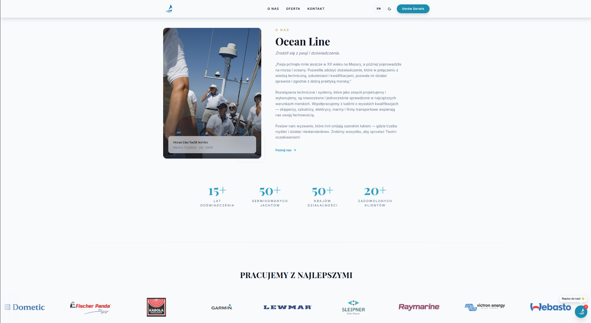 Sekcja 'O nas' ze statystykami i logo partnerów