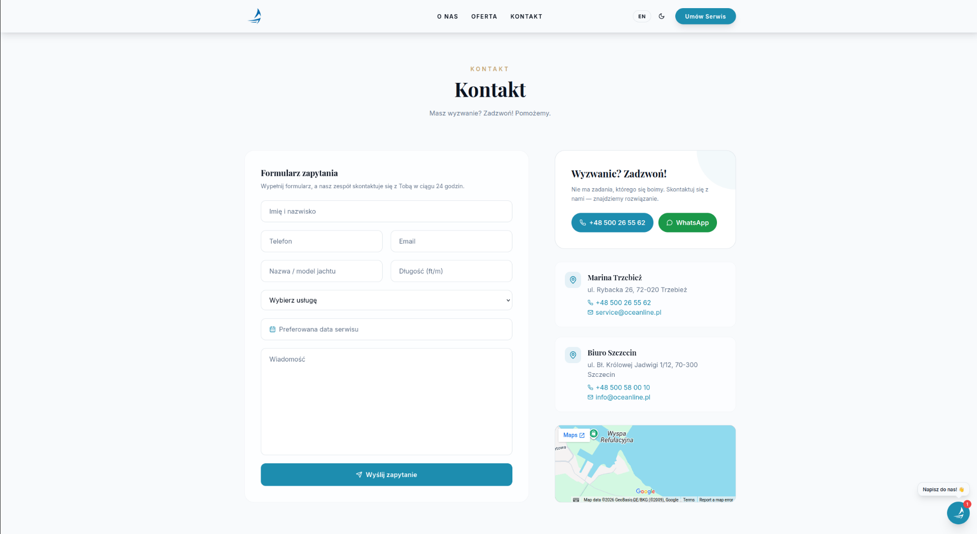 Formularz, telefon i WhatsApp obok siebie